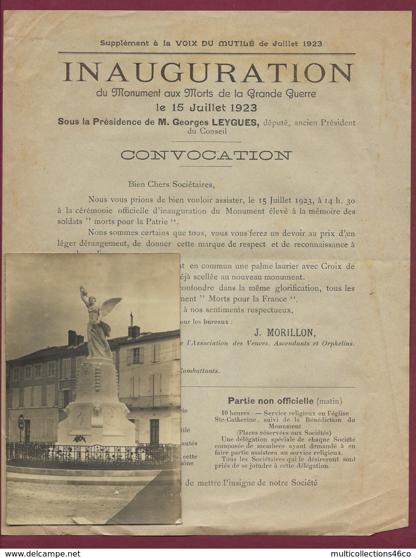 290120 - CARTE PHOTO Et Convocation Inauguration 1923 Monument Aux Morts Grande Guerre VILLENEUVE SUR LOT J MORILLON - Villeneuve Sur Lot