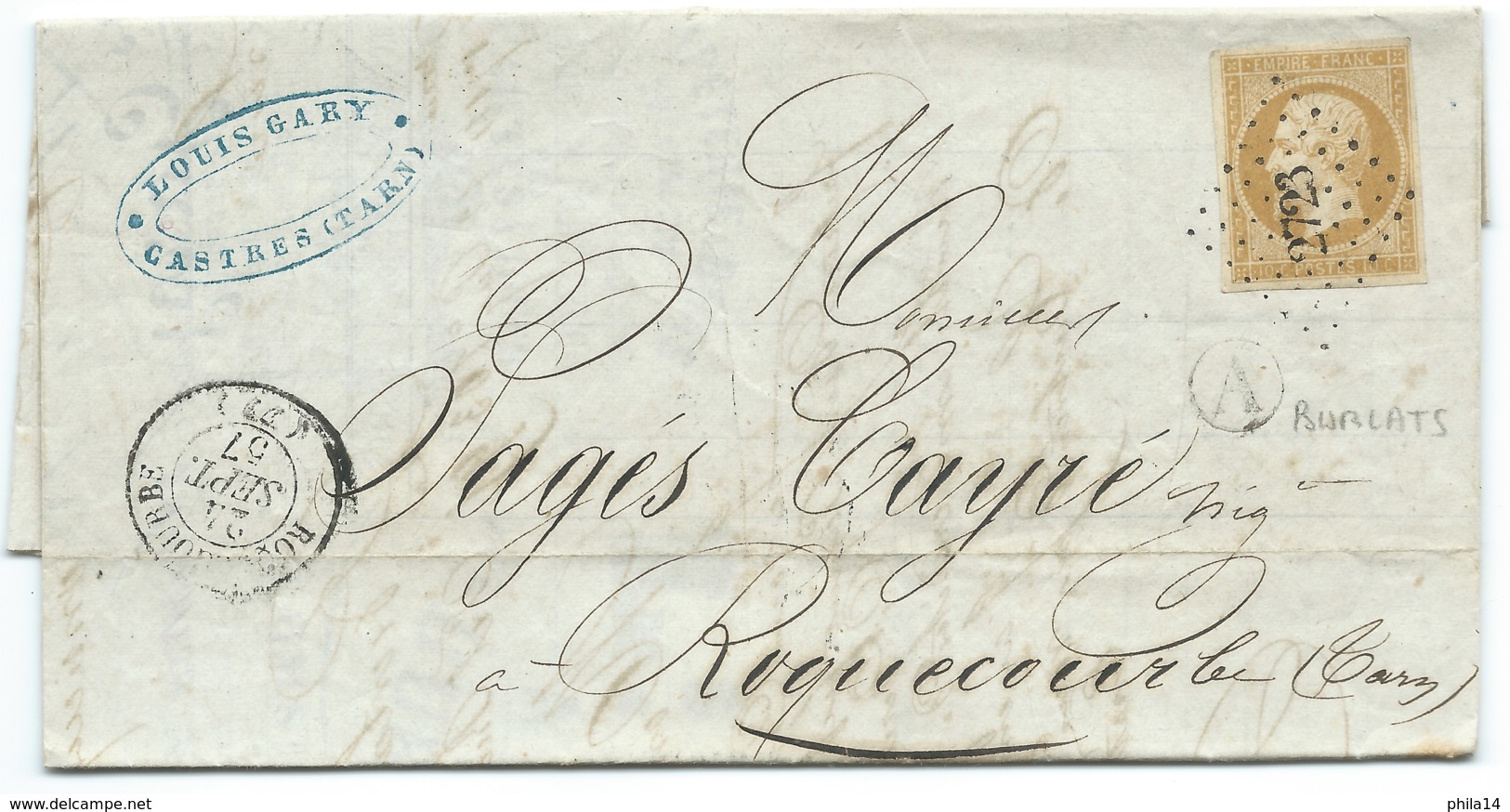 N° 13 SUR LETTRE / ROQUECOURBE TARN POUR ROQUECOURBE / 1857 / BOITE RUALE A BURLATS / PC 2723 INDICE 8 - 1849-1876: Période Classique