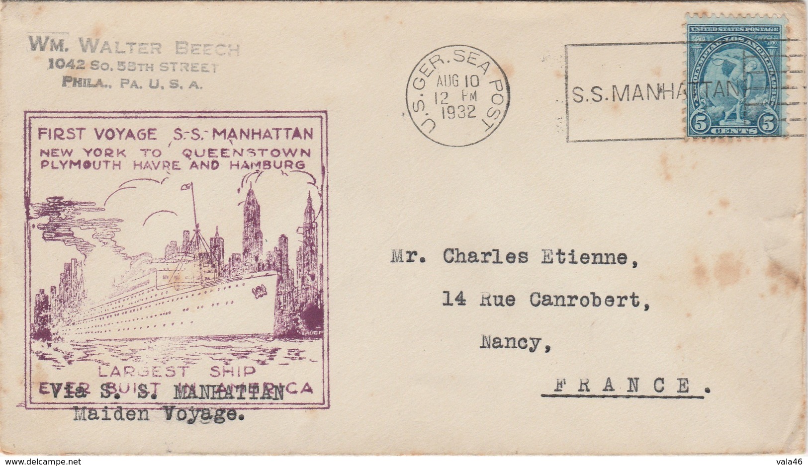 ETATS UNIS - LETTRE POUR NANCY FRANCE   1932 PREMIER VOYAGE DU S.S.MANHATTAN - Schmuck-FDC