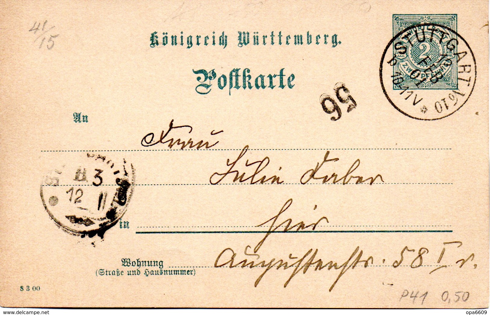 (L) Württemberg Amtl. Ganzsachen-Postkarte "Königreich Württemberg" P 41, 2 Pf, Grautükis, Gel. 12.FEB.01 STUTTGART - Sonstige & Ohne Zuordnung