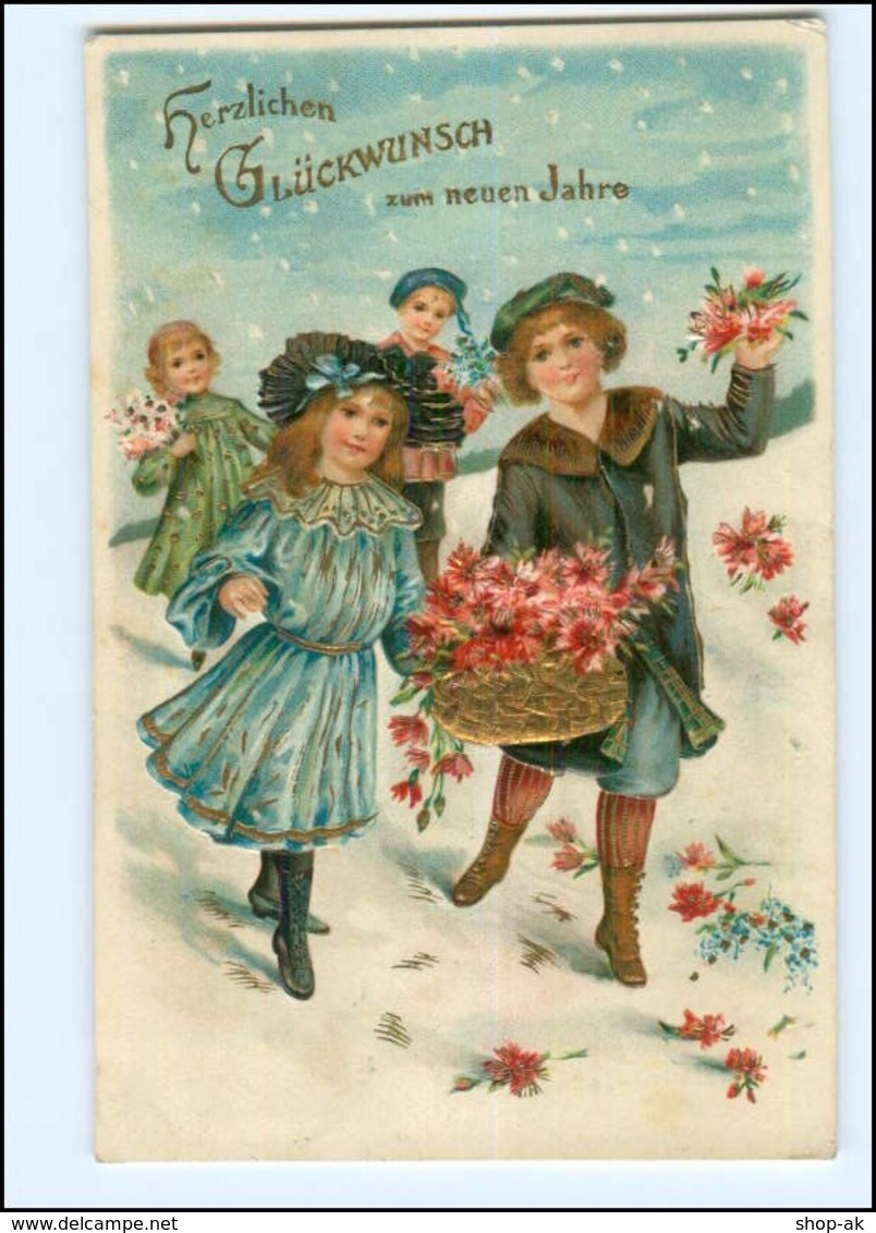 XX006595/ Neujahr Kinder Mit Blumen Im Schnee 1905 Litho Prägedruck AK - Neujahr