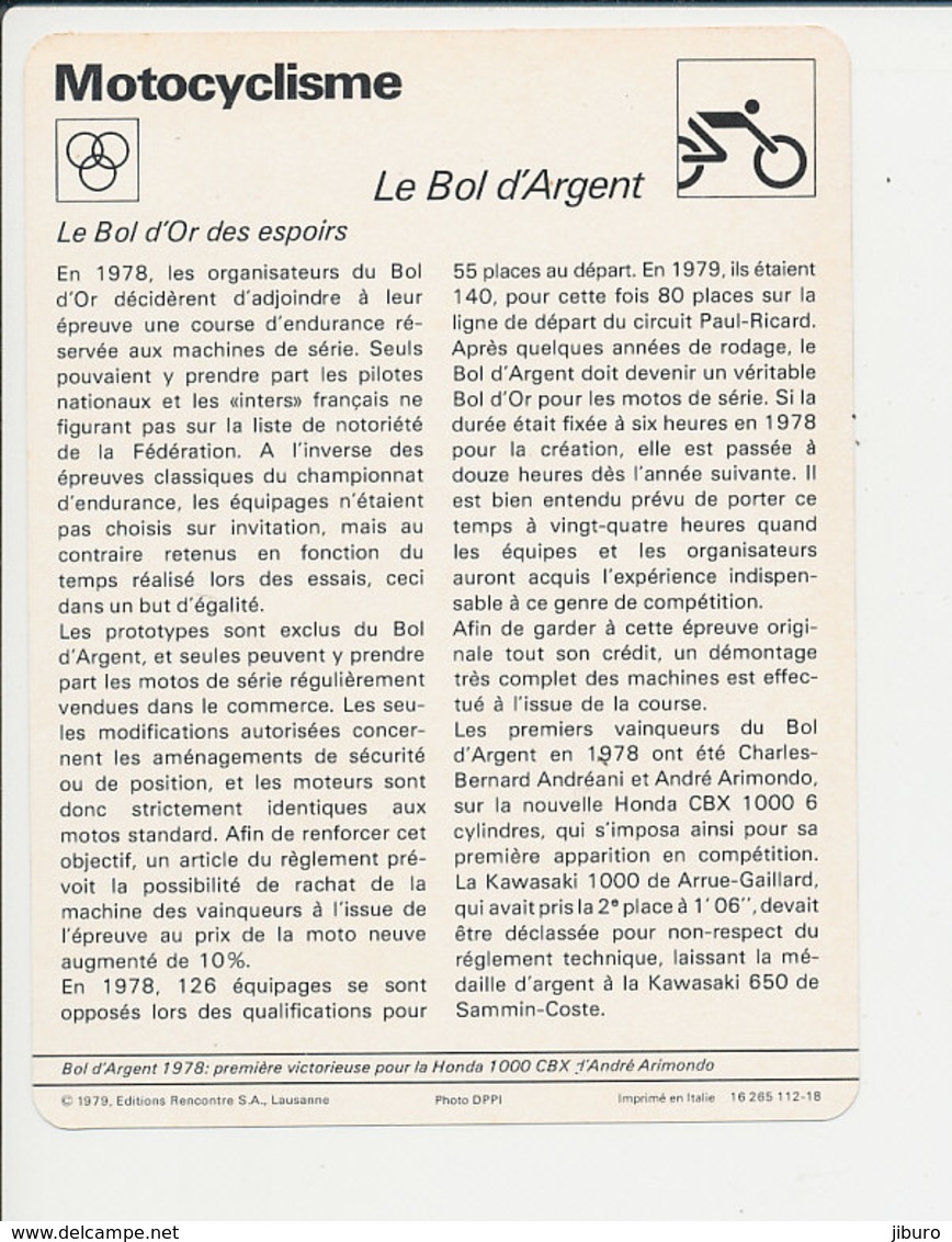 Le Bol D'Argent 1978 André Arimondo Honda 1000 CBX Fiche Motocyclisme Sport FICH-Moto-3 - Sport