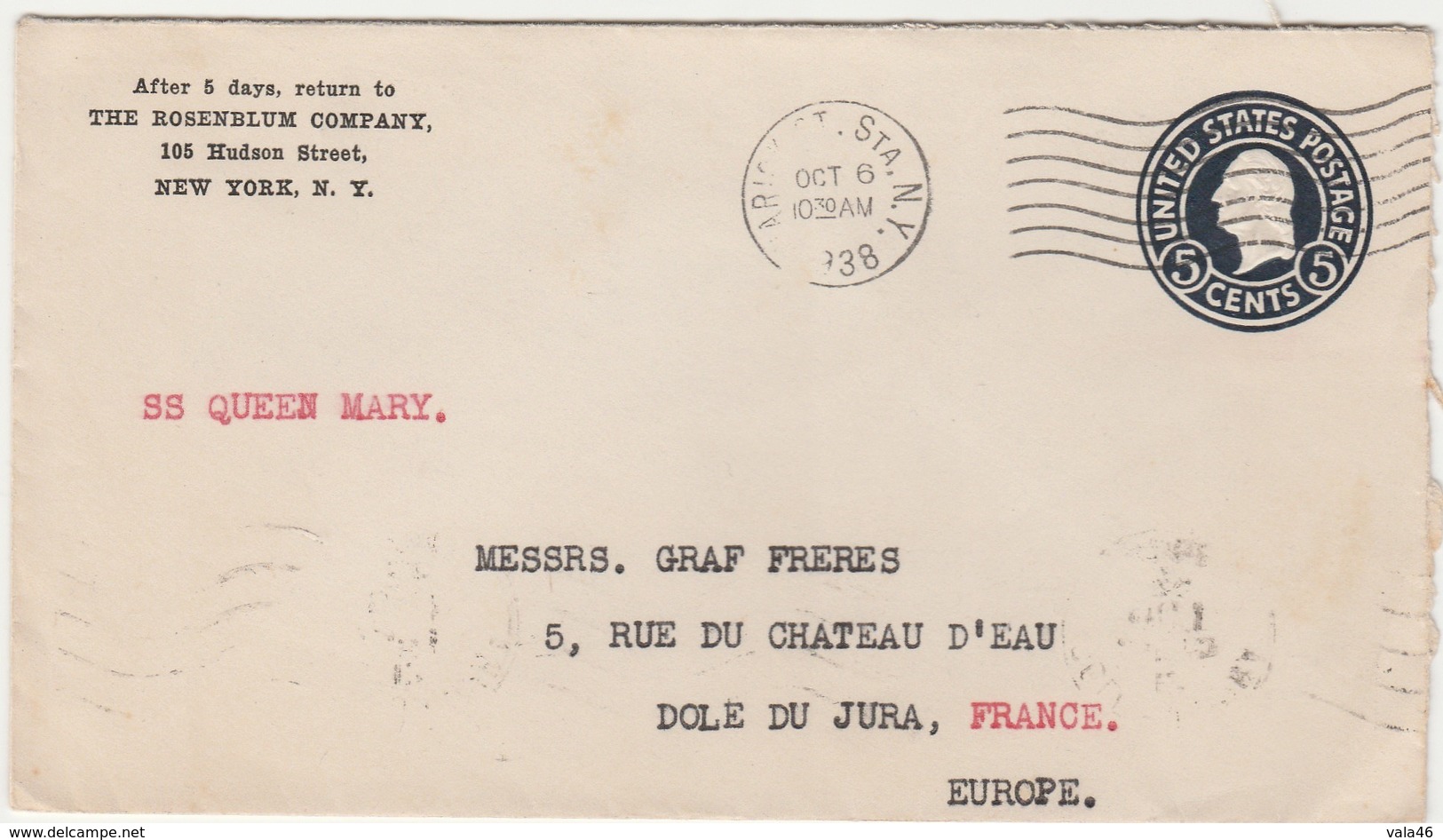 ETATS UNIS - LETTRE  MARCOPHILIE -ENTIER POSTAL  NEW YORK POUR LA FRANCE PAR BATEAU S.S. QUEEN MARY - Postal History
