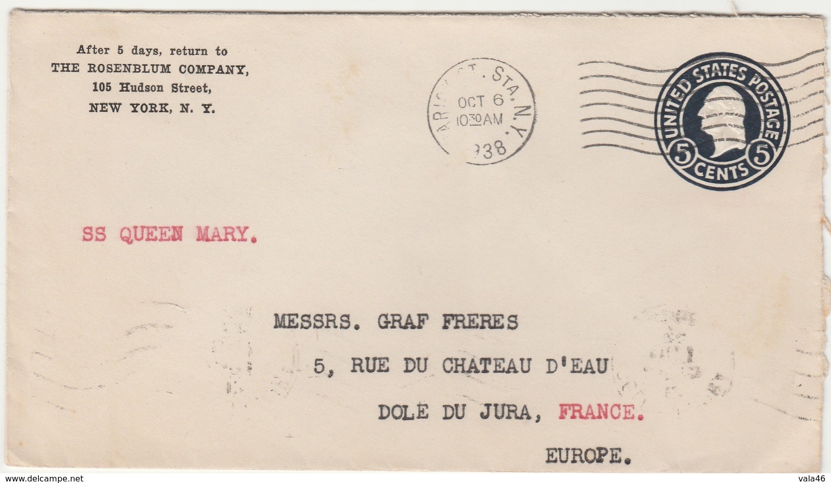 ETATS UNIS - LETTRE  MARCOPHILIE -ENTIER POSTAL  NEW YORK POUR LA FRANCE PAR BATEAU S.S. QUEEN MARY - Marcophilie