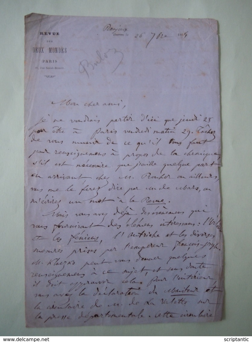 Lettre Autographe FRANCOIS BULOZ (1803-1877) Directeur Revue Des Deux Mondes - Autres & Non Classés