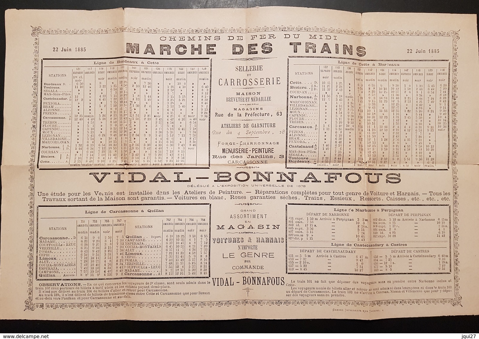 Horaires Des Trains Lignes Bordeaux à Cette, Carcassone à Quillan 22 Juin 1885, Au Dos Publicité Carrossier Voitures - Europe