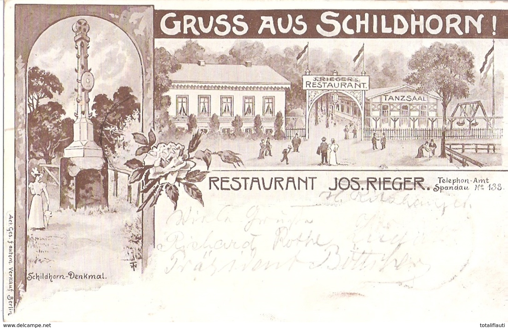 BERLIN Grunewald Restaurant SCHILDHORN Tel Amt Spandau Braun Litho 4.5.1898 Gelaufen - Spandau