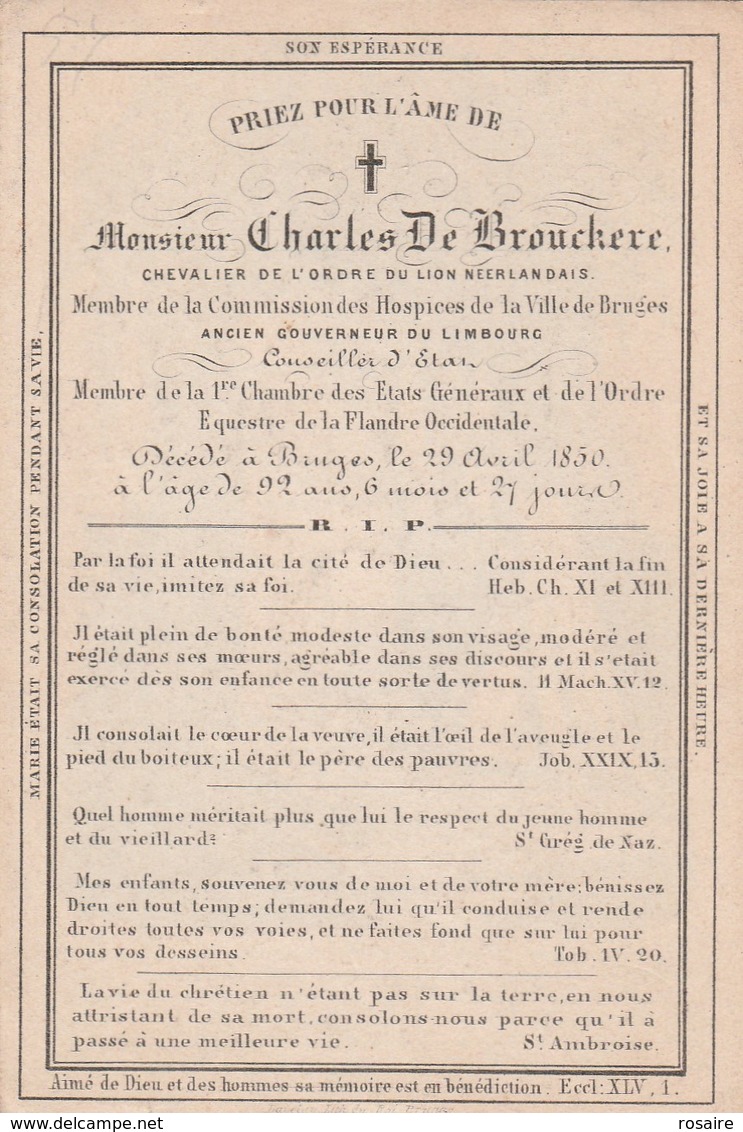 Charles De Brouckere-ancien Gouverneur Limbourg-bruges 1850-orde Ned.leeuw - Images Religieuses