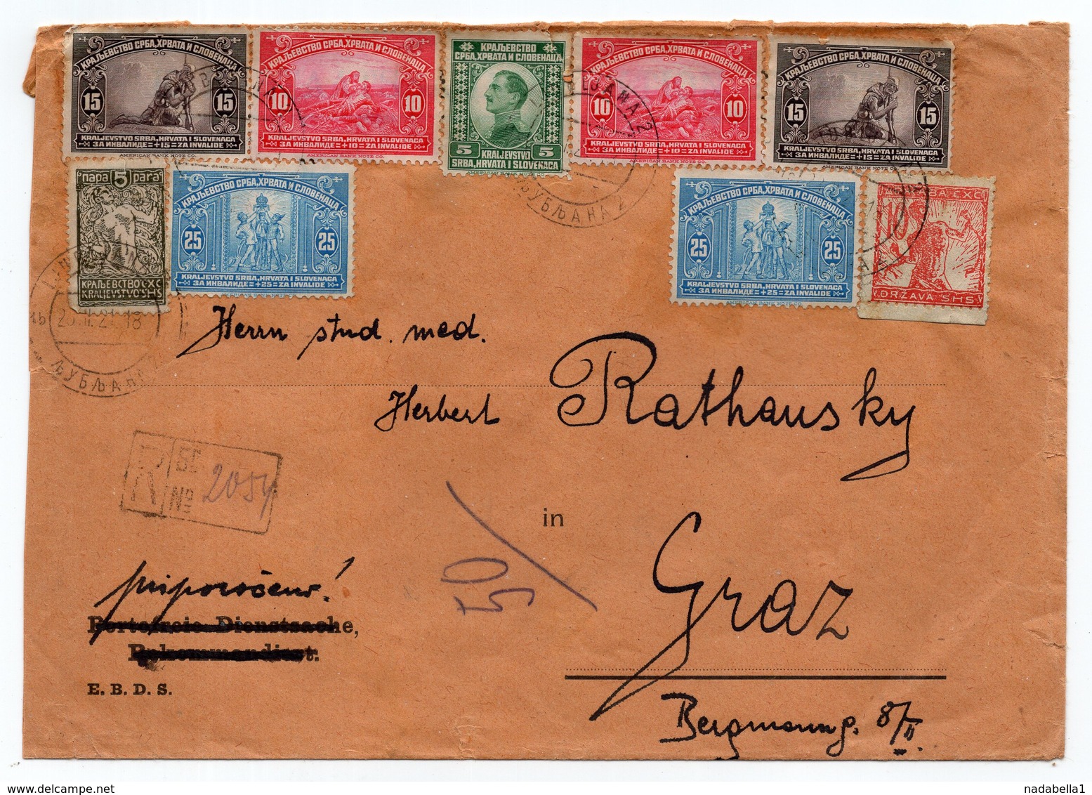 1921 YUGOSLAVIA, SLOVENIA, LJUBLJANA TO GRAZ, AUSTRIA, REGISTERED COVER - Covers & Documents