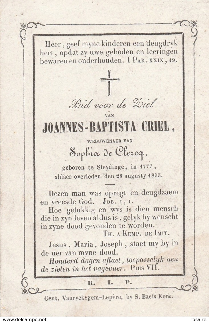 Joannes Baptista Criel-sleydinge 1777-1853 - Devotieprenten