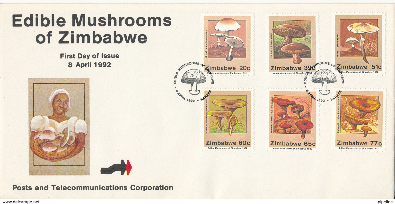 Zimbabwe FDC 8-4-1992 Edible Mushrooms Of Zimbabwe Complete Set Of 6 With Cachet - Zimbabwe (1980-...)