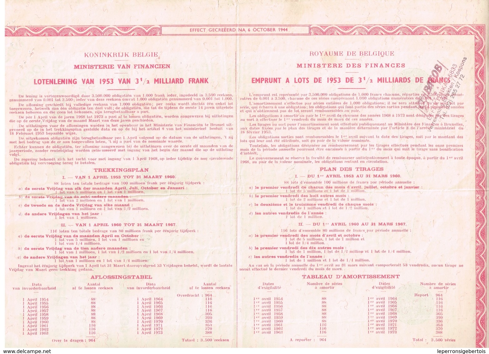 Titre Ancien - Royaume De Belgique - Ministère Des Finances - Emprunt à Lots 1953 3 1/2% De 3 1/2 Milliard De Francs - - A - C
