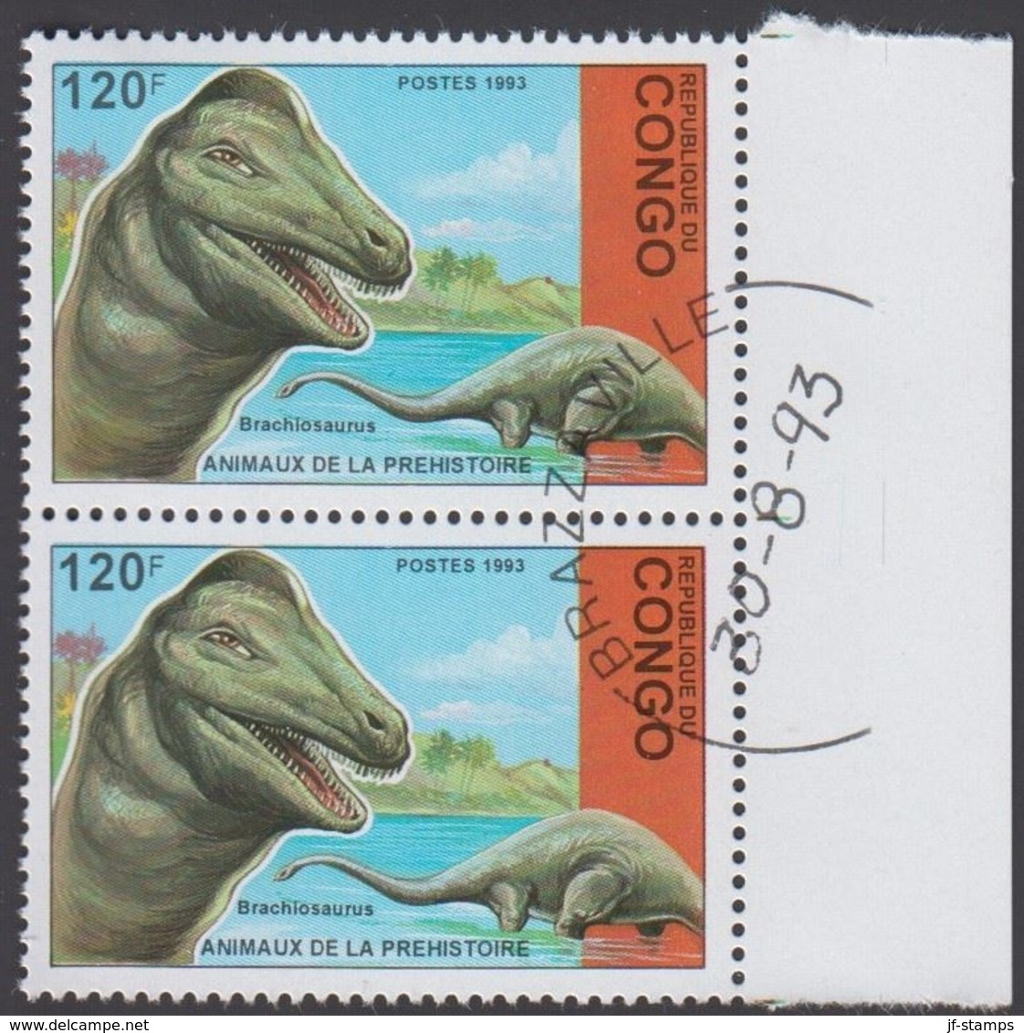 1993. Prähistorische Tiere.. Dinosaur. Pair Brachiosaurus 120 F.  (Michel 1400) - JF320319 - Oblitérés