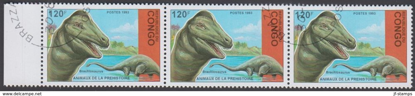 1993. Prähistorische Tiere.. Dinosaur. 3-strip Brachiosaurus 120 F.  (Michel 1400) - JF320321 - Oblitérés