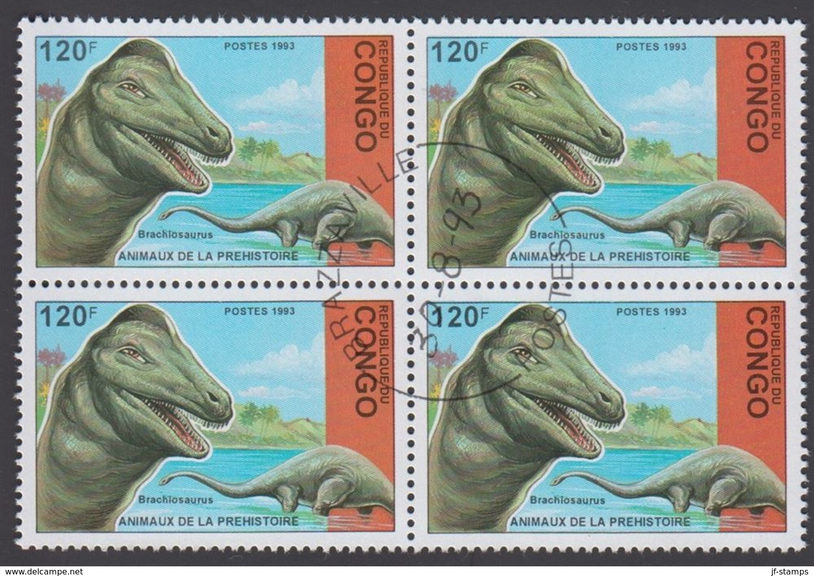 1993. Prähistorische Tiere.. Dinosaur. 4-block Brachiosaurus 120 F.  (Michel 1400) - JF320323 - Oblitérés