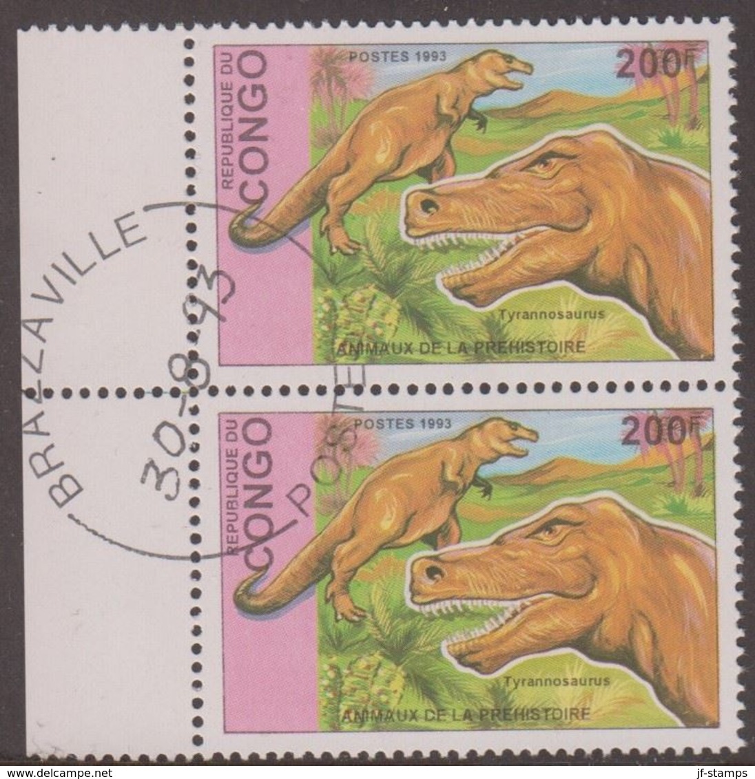 1993. Prähistorische Tiere.. Dinosaur. Pair Tyrannosaurus 200 F.  (Michel 1401) - JF320332 - Oblitérés