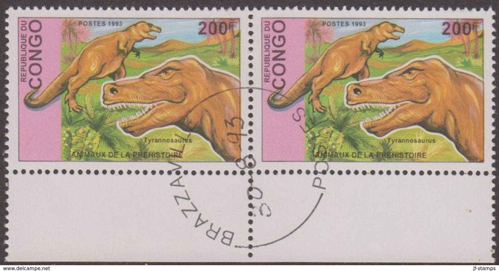 1993. Prähistorische Tiere.. Dinosaur. Pair Tyrannosaurus 200 F.  (Michel 1401) - JF320334 - Oblitérés