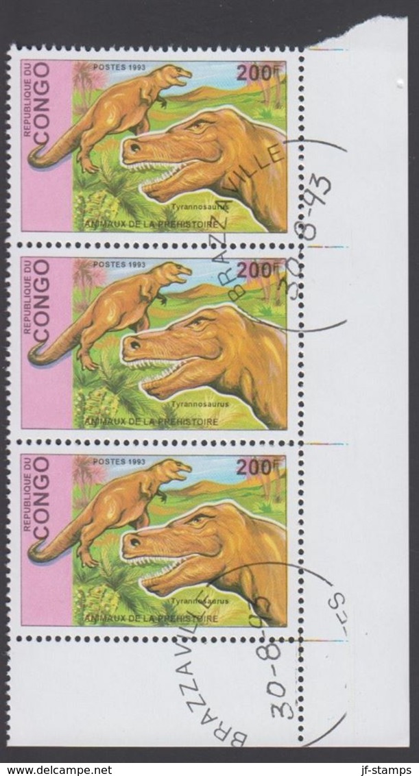 1993. Prähistorische Tiere.. Dinosaur. 3-strip Tyrannosaurus 200 F.  (Michel 1401) - JF320337 - Oblitérés