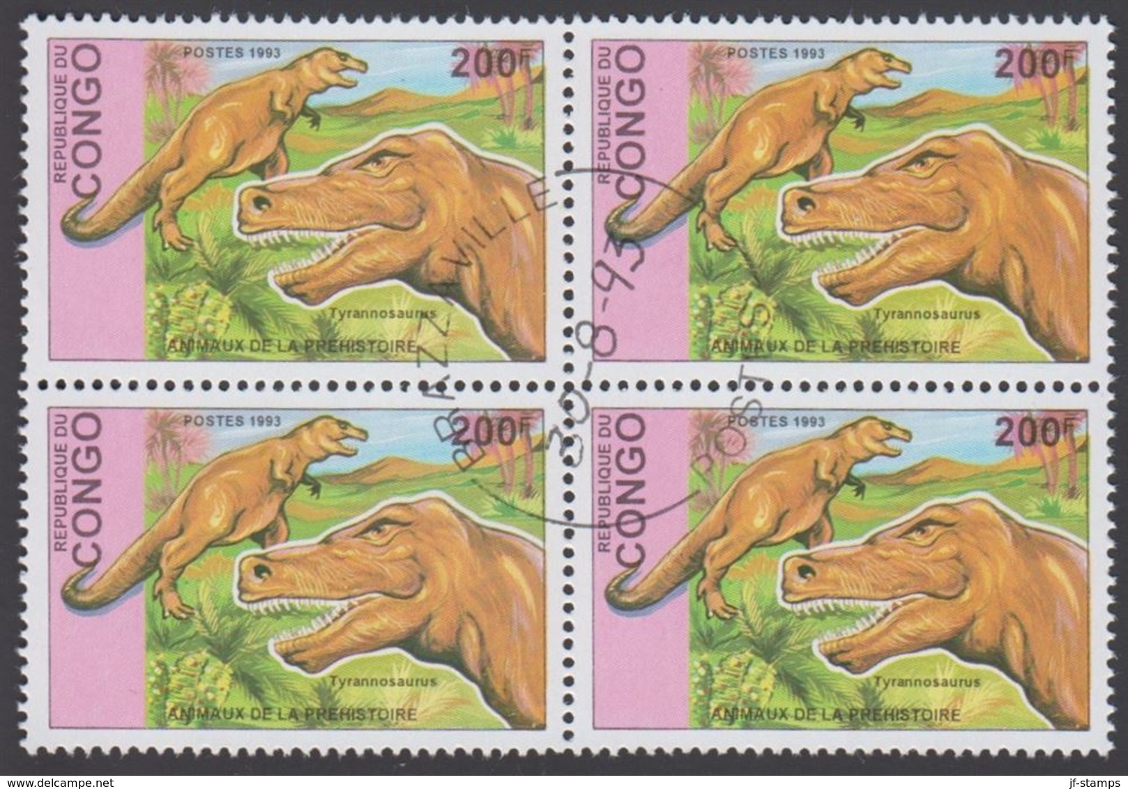 1993. Prähistorische Tiere.. Dinosaur. 4-block Tyrannosaurus 200 F.  (Michel 1401) - JF320340 - Oblitérés