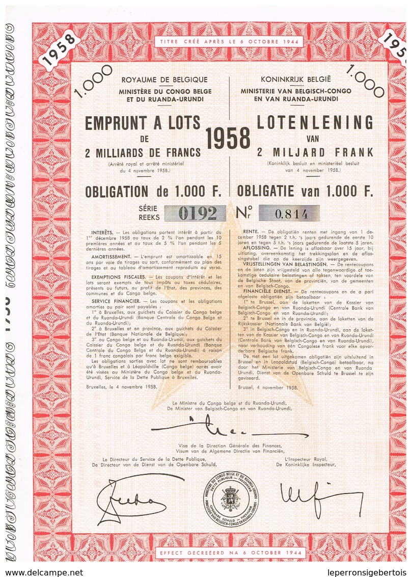 Royaume De Belgique - Ministère Du Congo Belge Et Du Ruanda-Urundi - Emprunt à Lots 1958 De 2 Milliard De Francs - - A - C