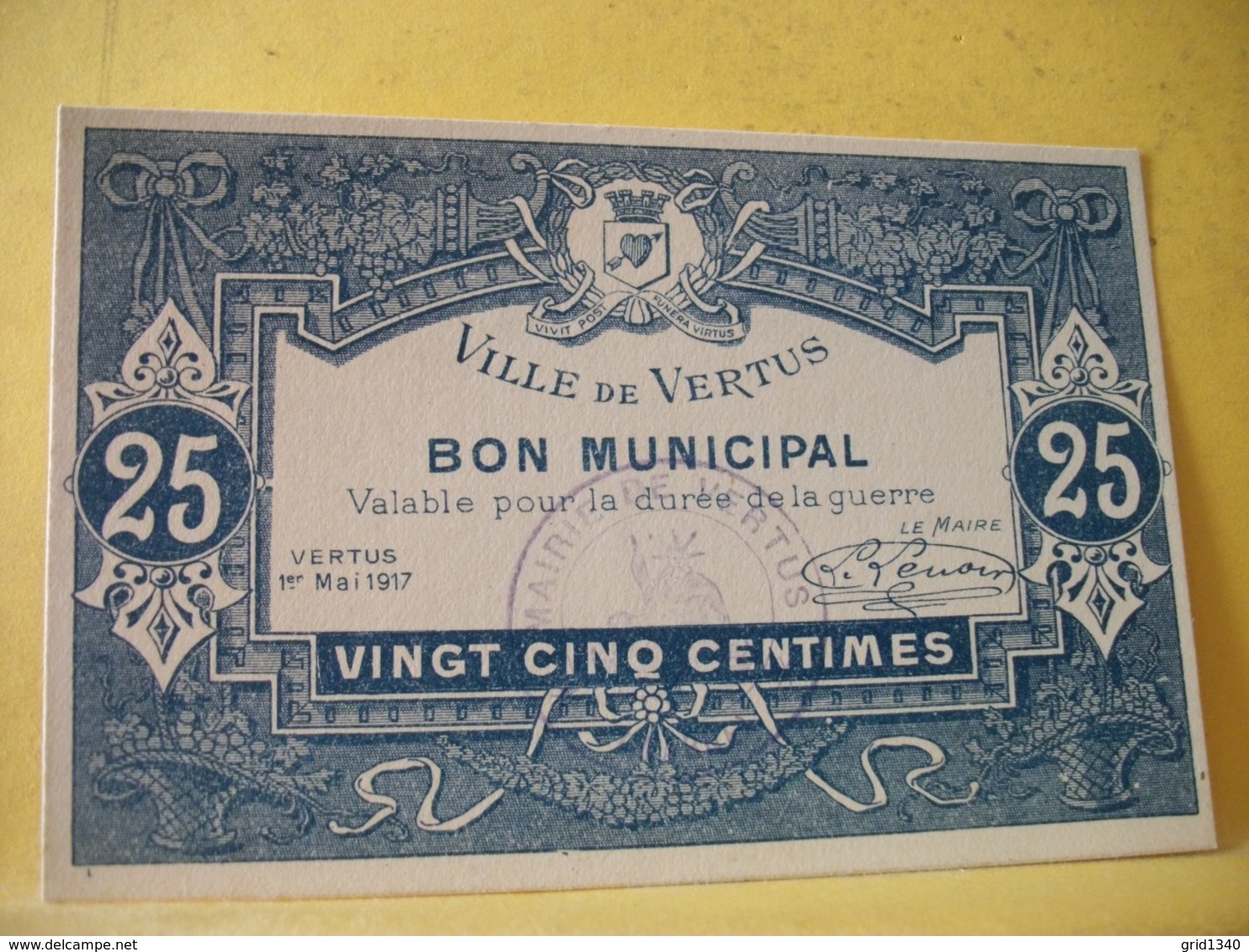 A1009/A1023/A1027/A1047 - 51 LOT DE 4 BILLETS TOUS DIFFERENTS SUR VILLE DE VERTUS. BON MUNICIPAL 25 C X 2 ET 1 F X 2 - Notgeld