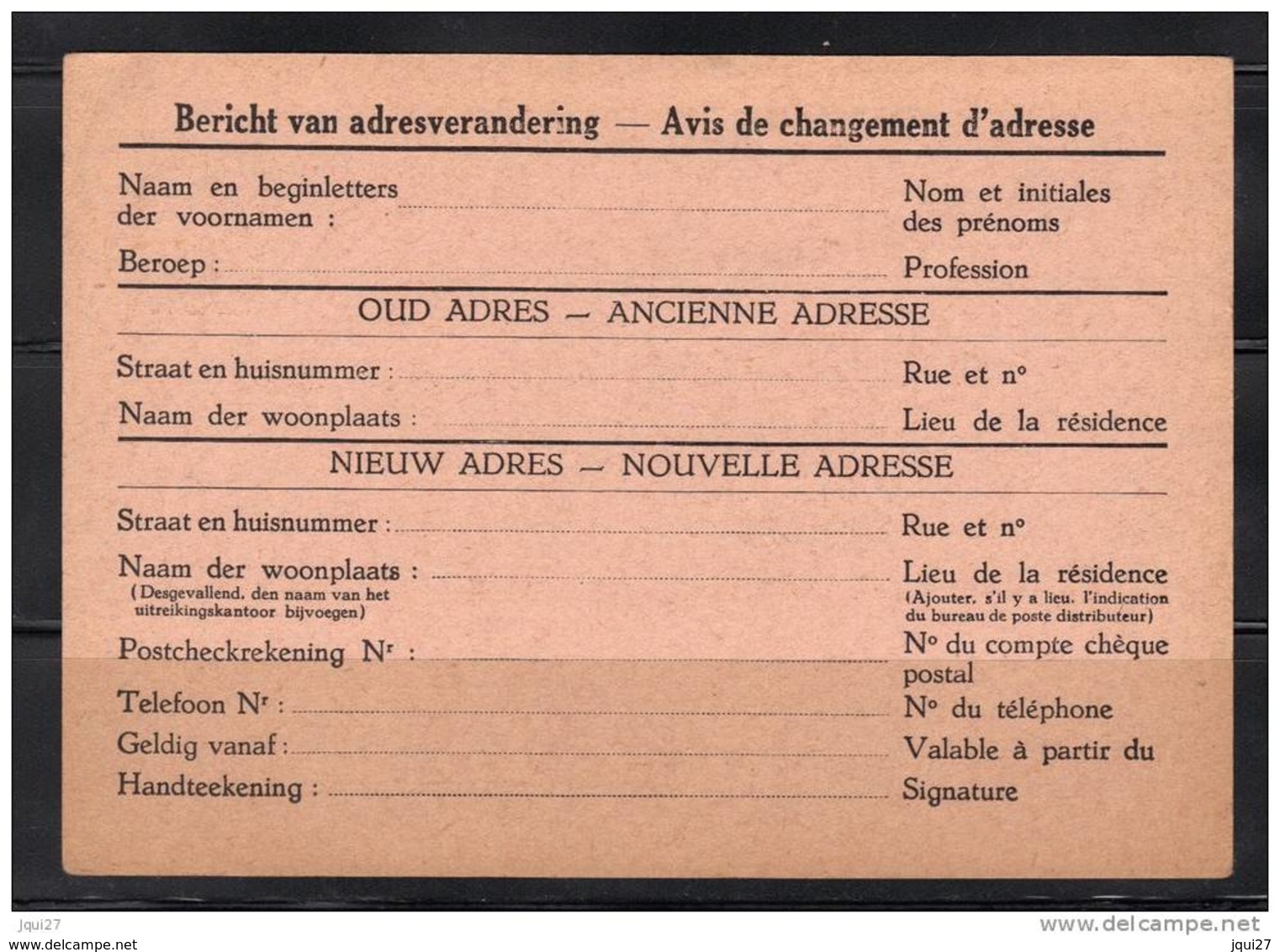 Belgique, Entier Postal, Avis De Changement D'adresse - Adreswijziging