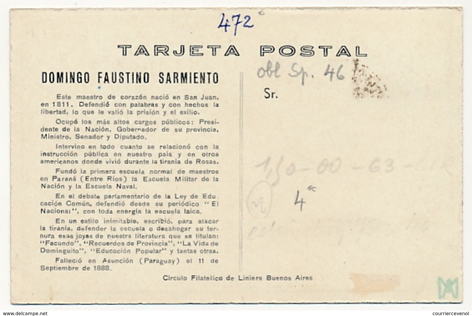 ARGENTINE - Carte Maximum - Domingo Faustino Sarmiento - 1c - Obl 1946 - Storia Postale