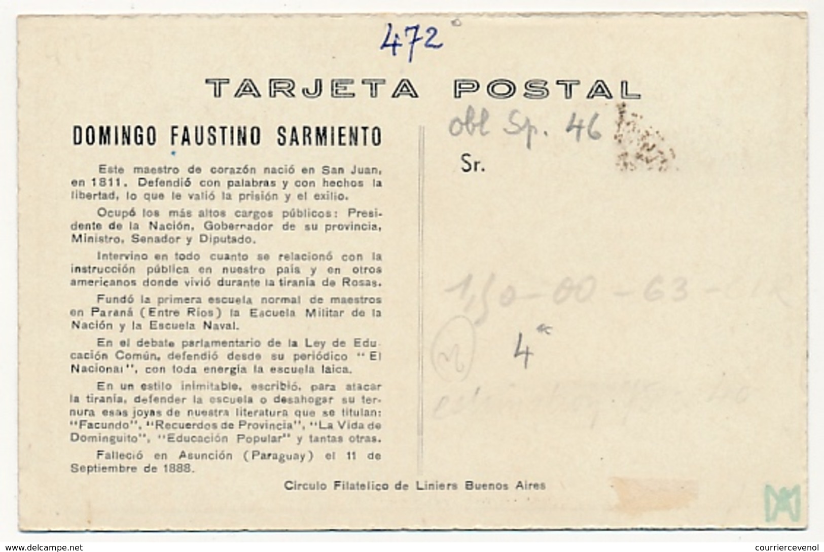 ARGENTINE - Carte Maximum - Domingo Faustino Sarmiento - 1c - Obl 1946 - Cartas & Documentos