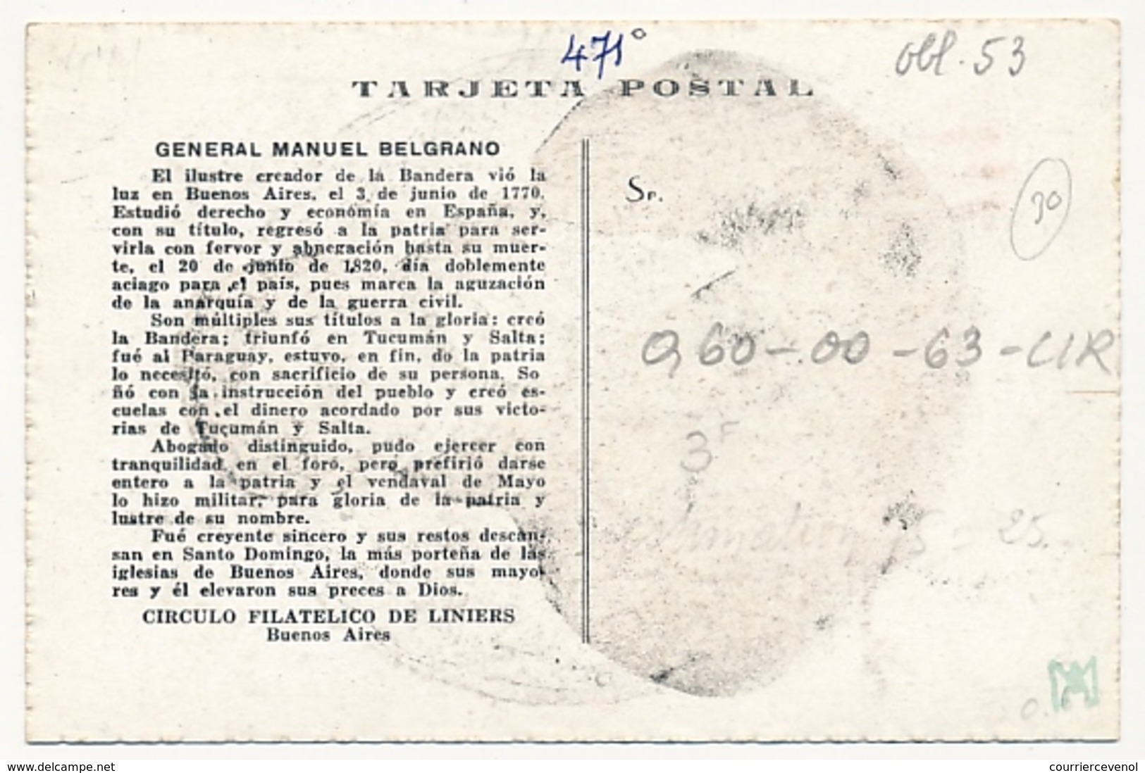 ARGENTINE - Carte Maximum - Géneral Manuel Belgrano - 1953 - Cartas & Documentos