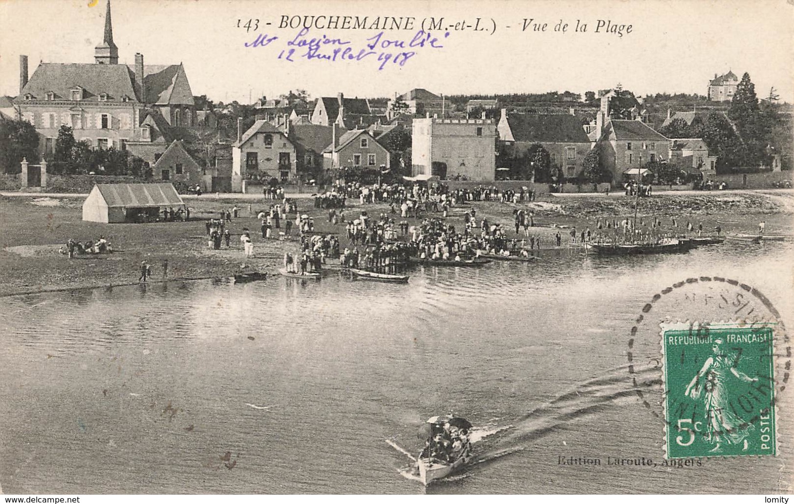 49 Bouchemaine Vue Sur La Plage Cpa Cachet Tireté 1918 Griffe T Taxe - Andere & Zonder Classificatie