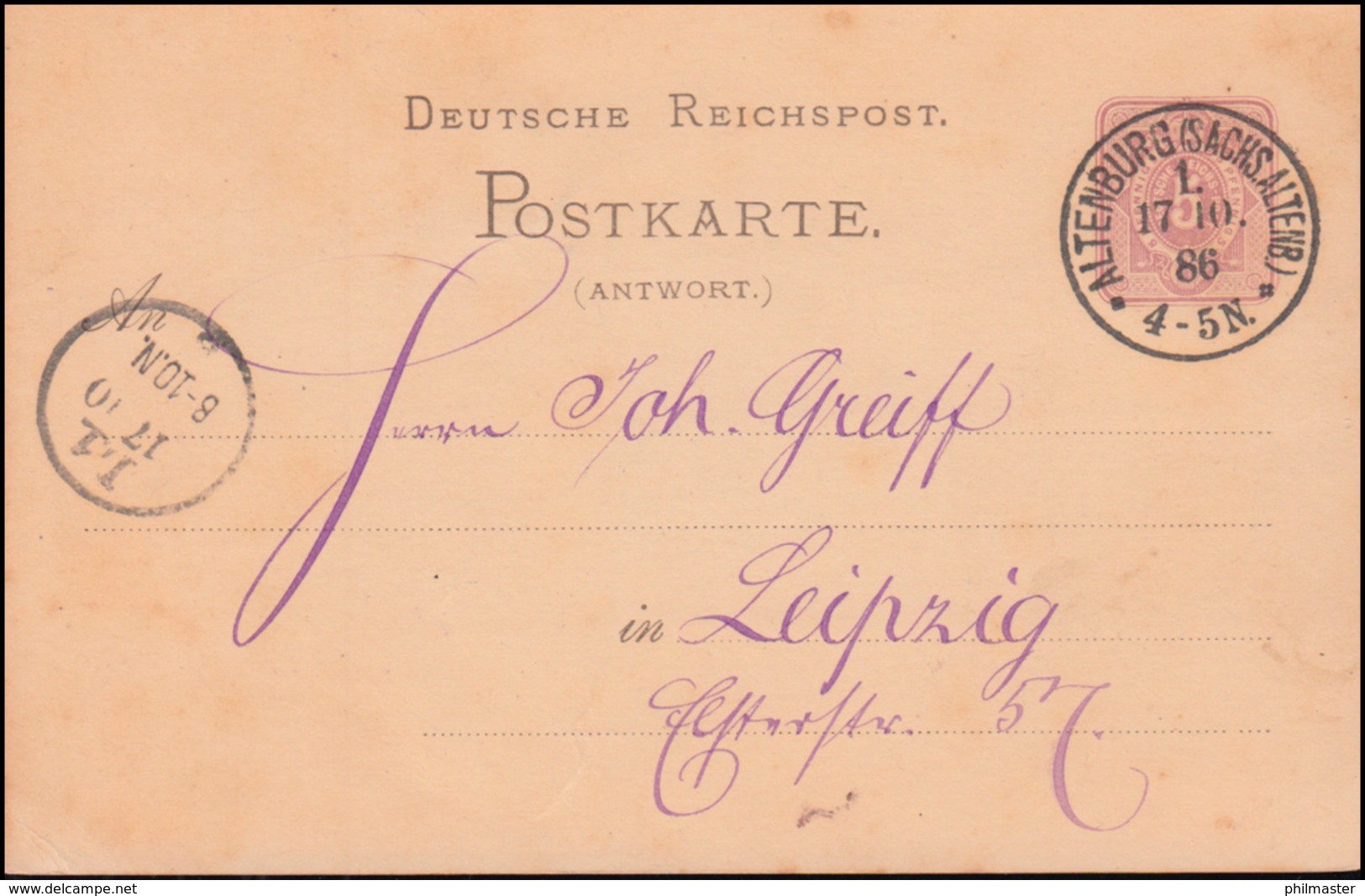 Postkarte P 13A A Ziffer 5 Pf. Antwortteil ALTENBURG (SACHS. ALTENB.) 17.10.1886 - Autres & Non Classés