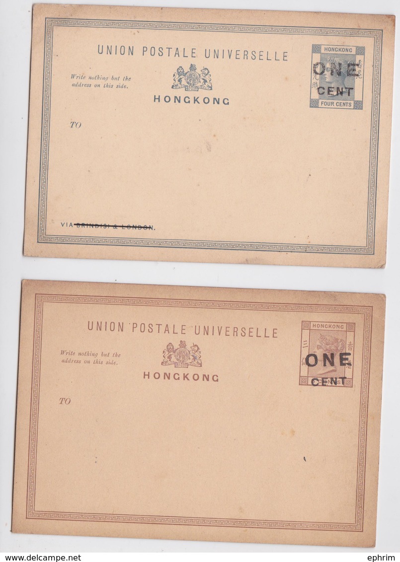 Entier Postal Vierge Hong Kong Lot De 2 Entiers Postaux Queen Victoria Stationery Post Card Overprint One Cent Surcharge - Entiers Postaux