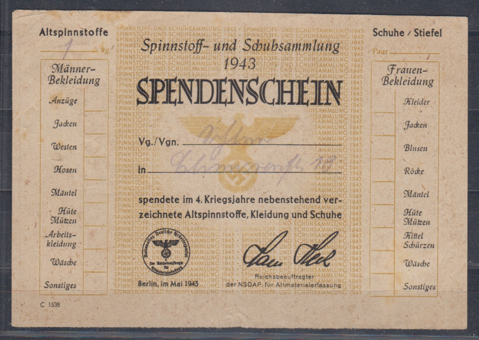 Dt.Reich 1943 Spendenschein Der NSDAP  ( DV C 1538) Gebraucht - Lettres & Documents