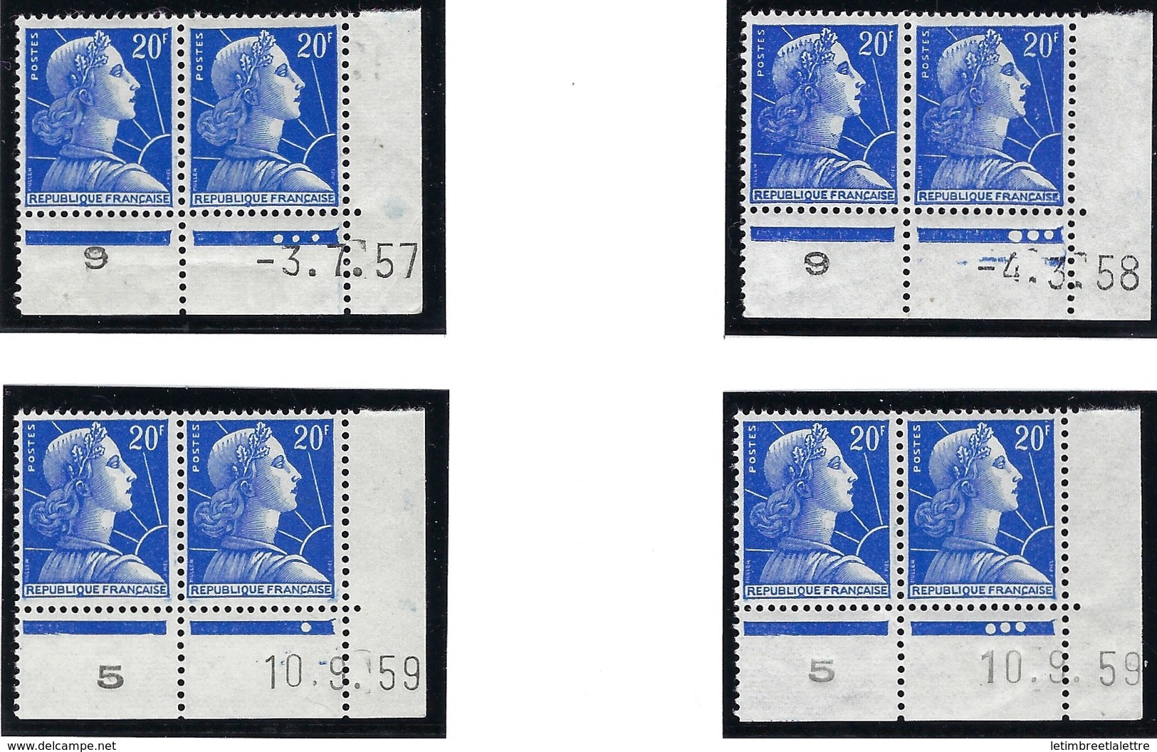 France - Thématique Marianne De Muller - N° 1011B ** - TTB - Coin Daté - Lot De 4 Paires - 1950-1959