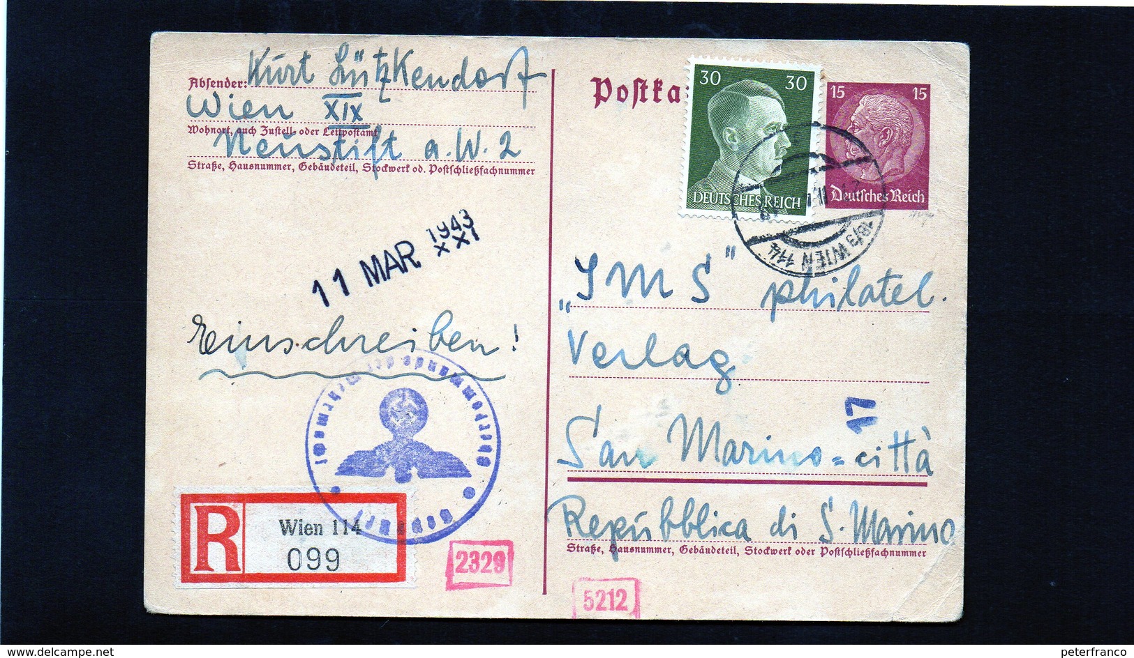 CG6 - Germania - Cartolina Postale - Annullo Di Wien 27/2/1943  Per Rep. San Marino - Other & Unclassified