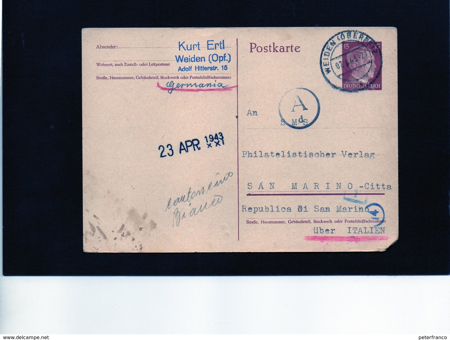 CG6 - Germania - Cartolina Postale - Annullo Di Wieiden 7/4/1943   Per Rep. San Marino - Autres & Non Classés