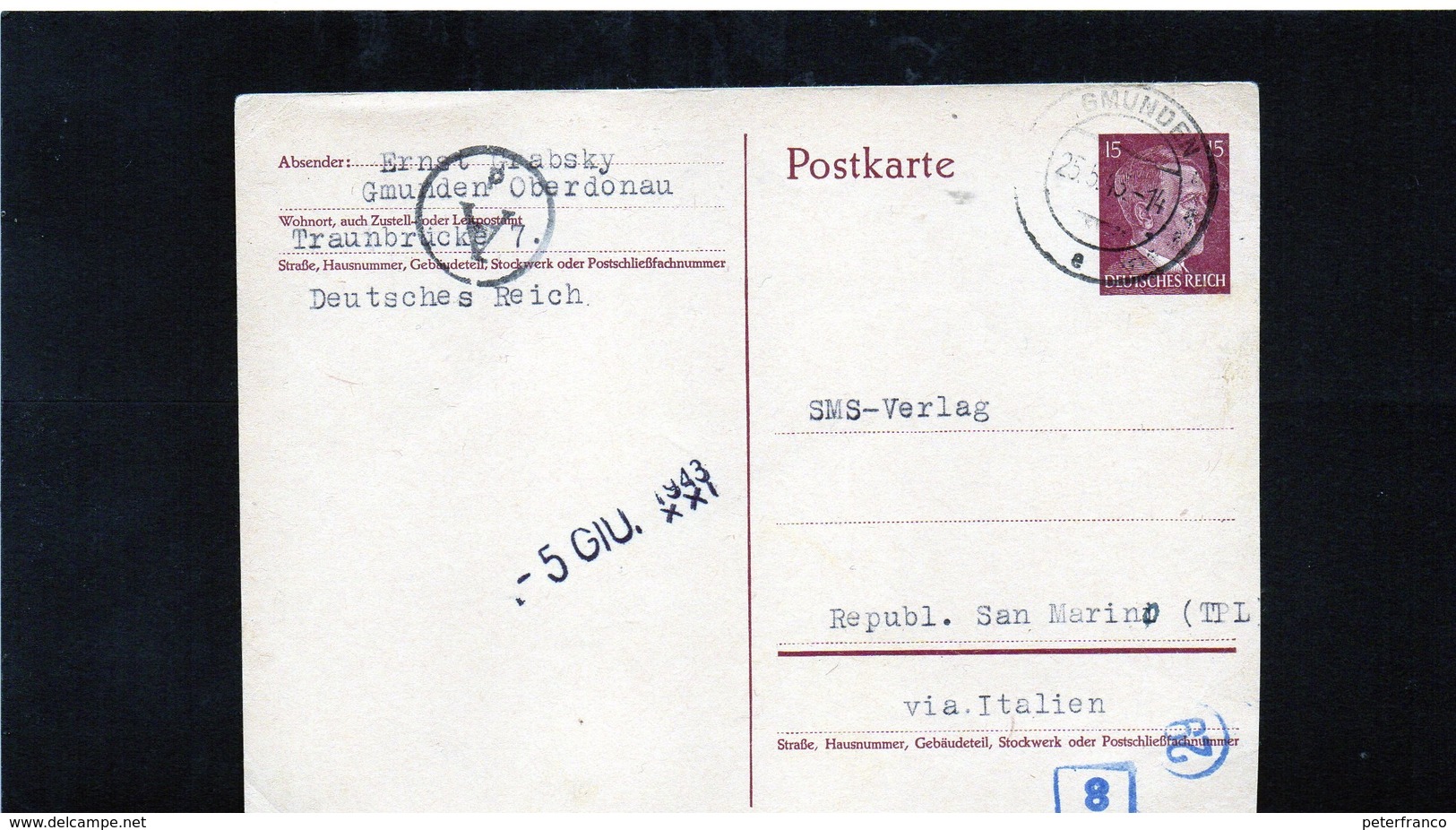 CG6 - Germania - Cartolina Postale - Annullo Di Gmunden 25/5/1943    Per Rep. San Marino - Autres & Non Classés