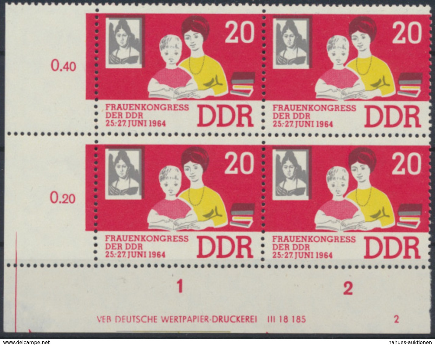 DDR 1030 Frau + Kind 20 Pfennig Viererblock Bogenrand Druckvermerk Postfrisch - Other & Unclassified