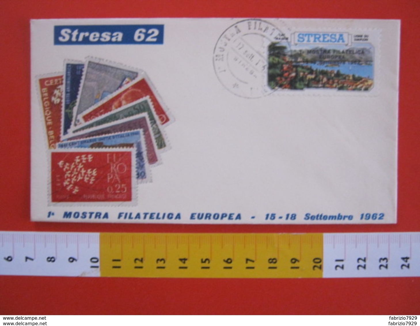 A.09 ITALIA ANNULLO - 1962 STRESA VERBANIA NOVARA 1^ MOSTRA FILATELICA ERINNOFILO + CACHET NON POSTALE - Erinnofilia