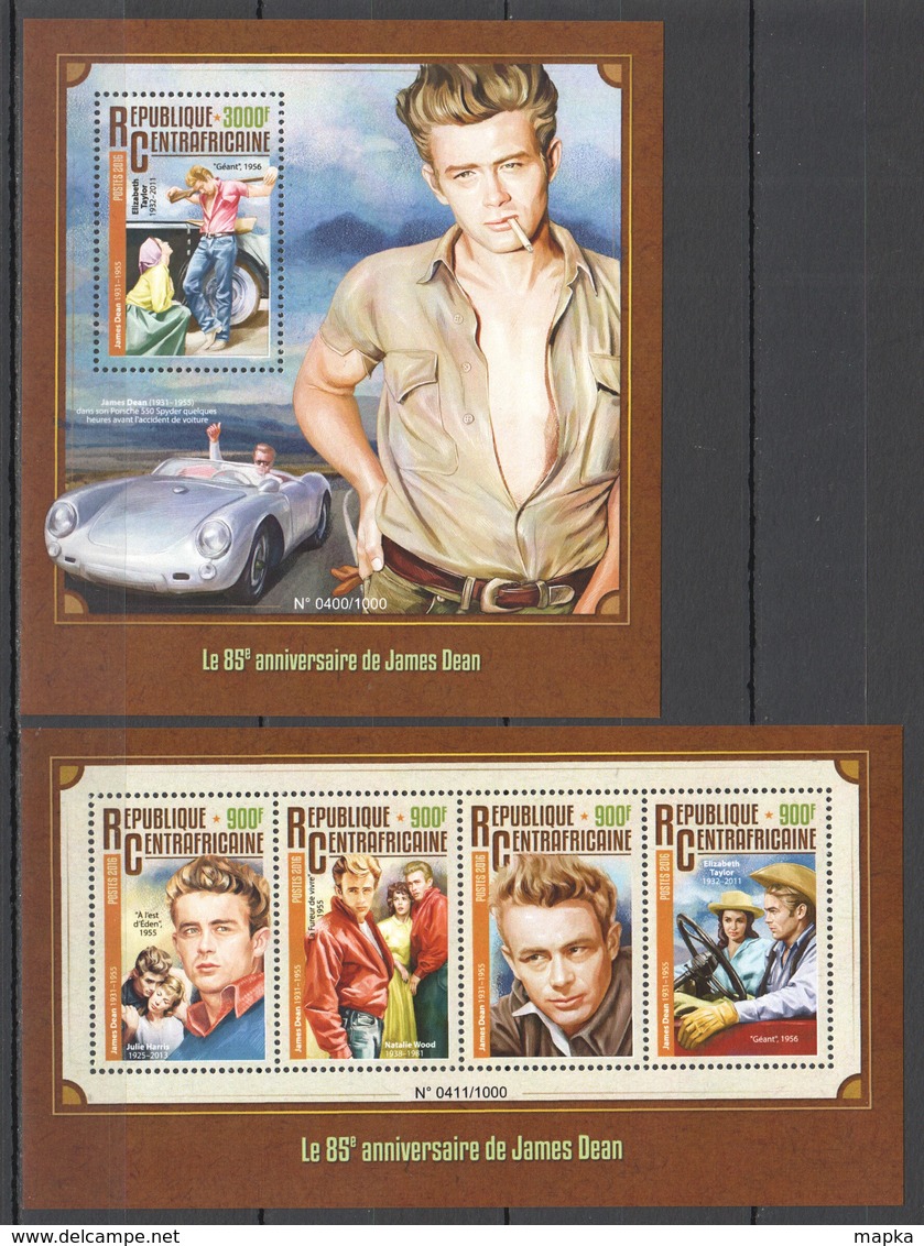 CA121 2016 CENTRAL AFRICA CENTRAFRICAINE ACTOR 85TH ANNIVERSARY JAMES DEAN KB+BL MNH - Acteurs