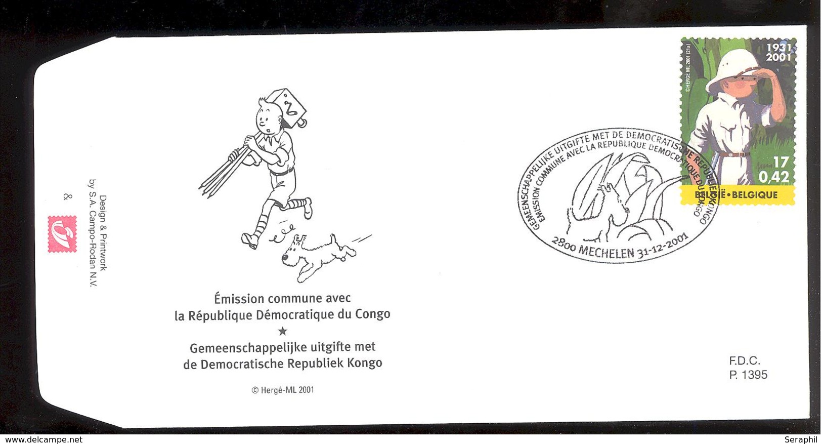 FDC - Tintin / Kuifje - Hérgé - Tintin Au Congo - Emission Commune -  Timbres N°3048 - 2001 - Tampon Mechelen - 2001-2010