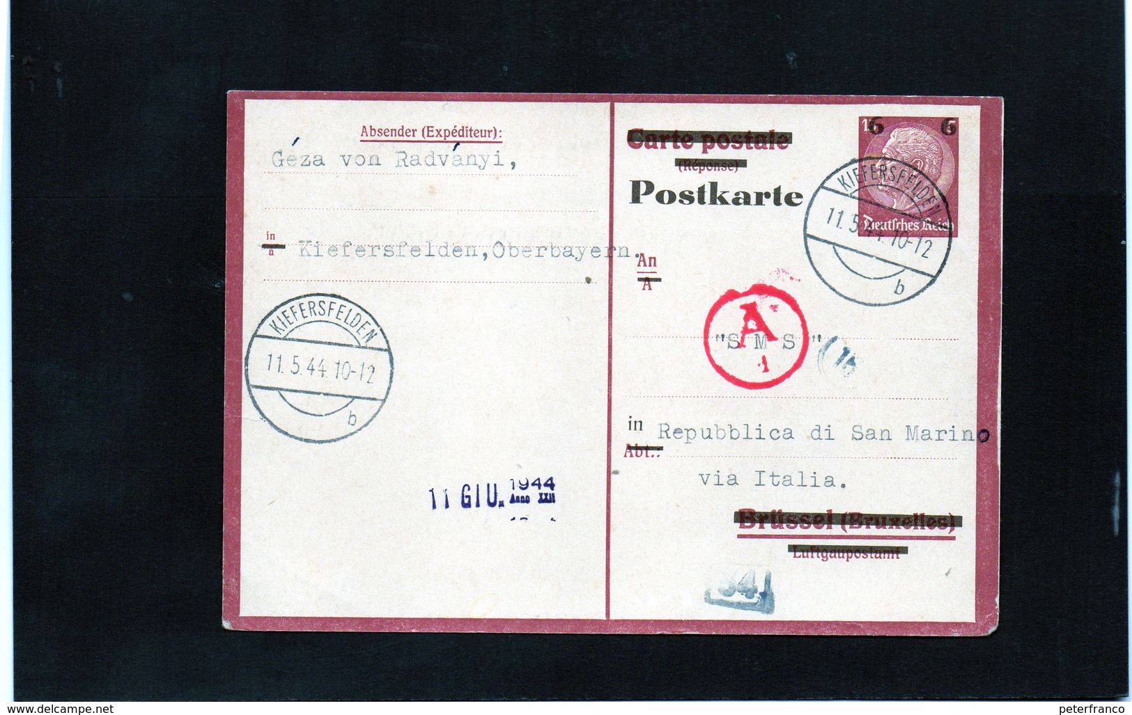 CG6 - Germania - Cartolina Postale - Annullo Di Kiefersfelden 11/5/1944 Per Rep. San Marino - Autres & Non Classés