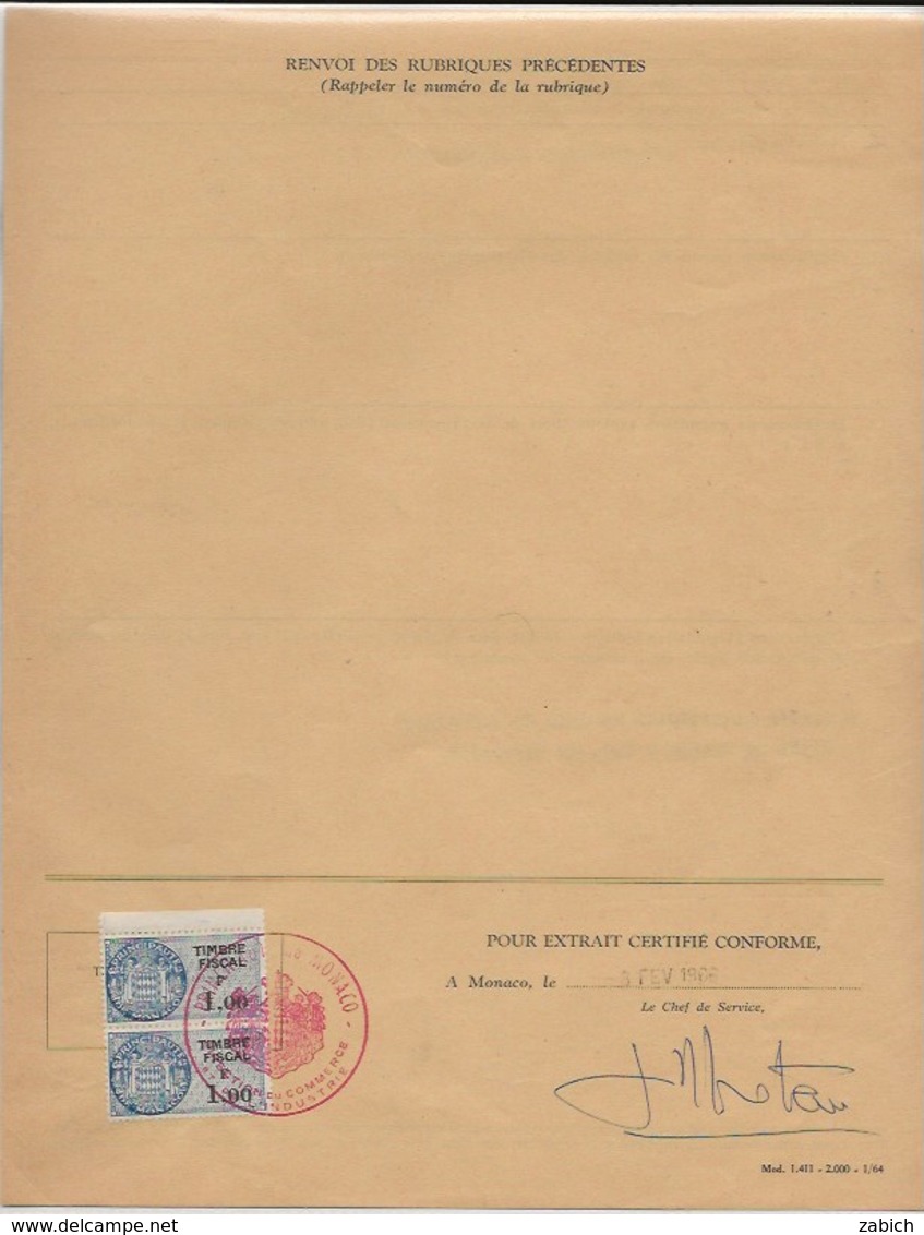 TIMBRES FISCAUX DE MONACO 1966  SERIE UNIFIEE N°51 1 F BLEU PAIRE - Steuermarken