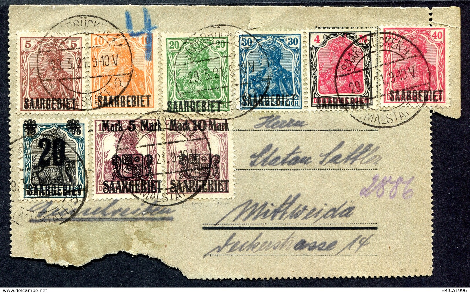 VE0439 SAAR SARRE 1921 Intero Postale (quasi Completo) Affrancato Con 9 Francobolli Di Germania Sovrastampati Saargebiet - Covers & Documents