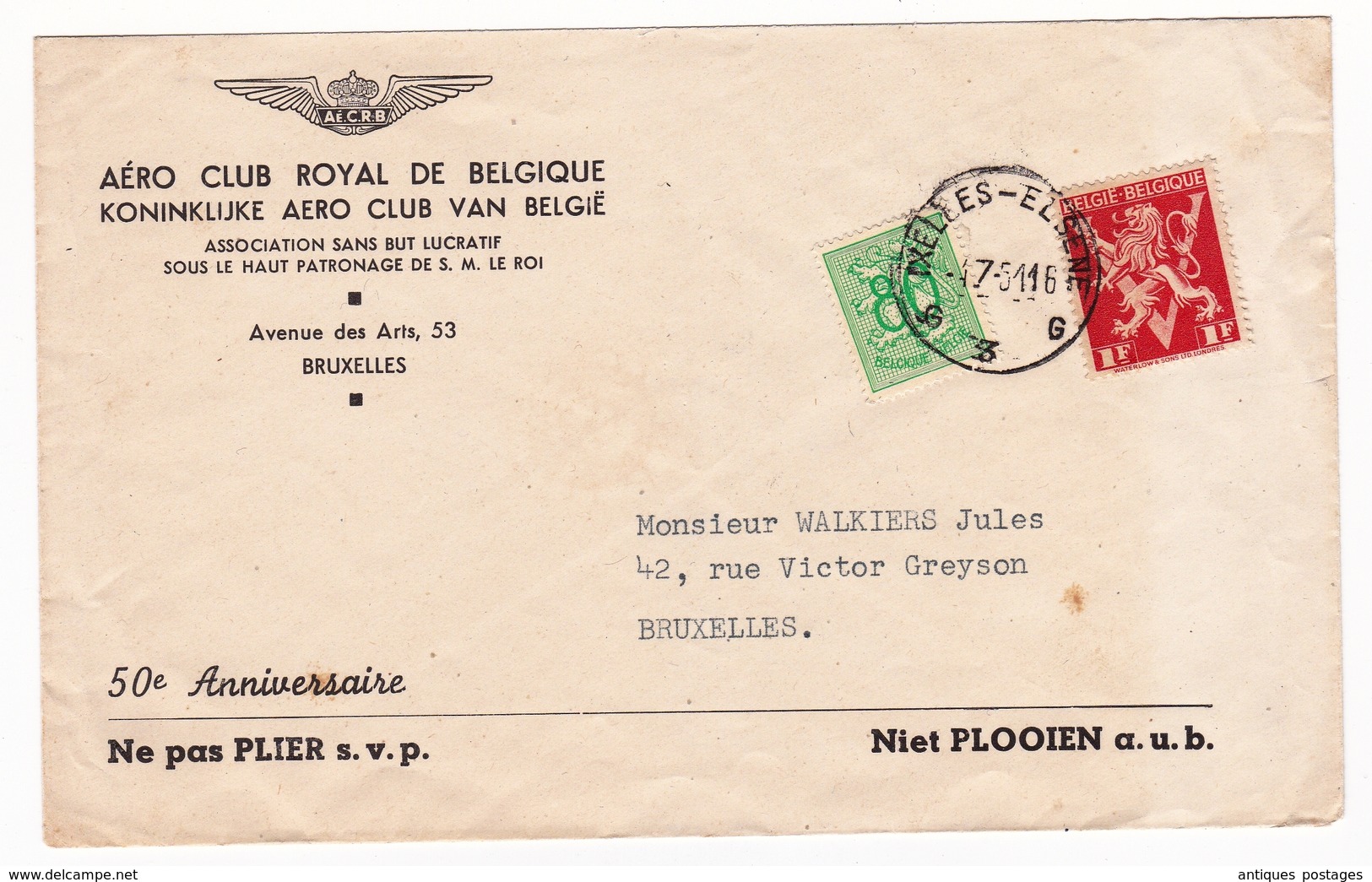 Lettre 1947 Aéro Club Royal De Belgique 50e Anniversaire Koninklijke Aero Club Van België - 1929-1937 Heraldieke Leeuw