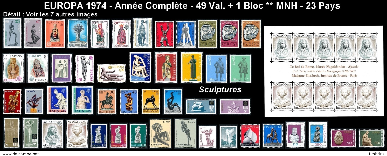 EUROPA Année Complète 1974 ** MNH TB  Cote= 207,10 EUR - 49 Val. + 1 Bloc ; Sculptures: 23 Pays  ..Réf.DIV20148 - Années Complètes