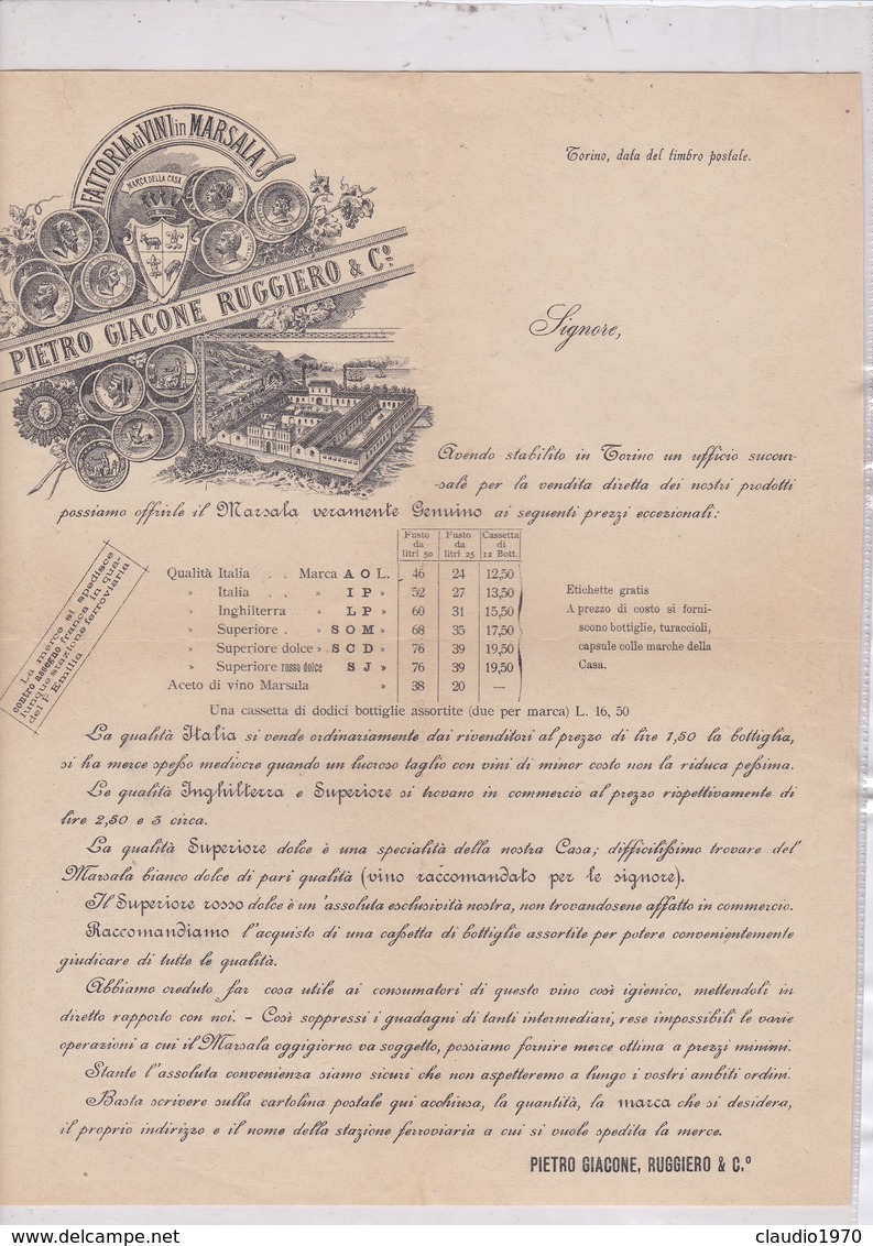 FATTURA COMMERCIALE LISTINO PREZZO - TORINO - FATTORIA DI VINI IN MARSALA - PIETRO GIACONE RUGGIERO E C. - Italien