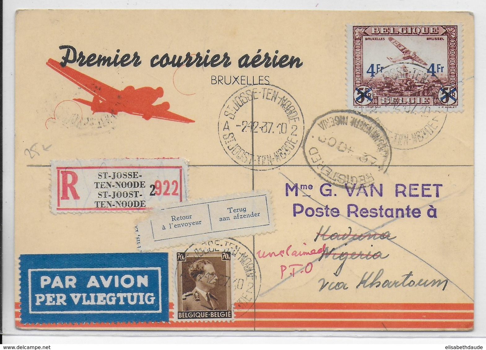 BELGIQUE - 1937 - CARTE 1° VOL AERIEN RECOMMANDEE De ST JOSSE-TEN-NOODE => KADUNA (NIGERIA) - Covers & Documents