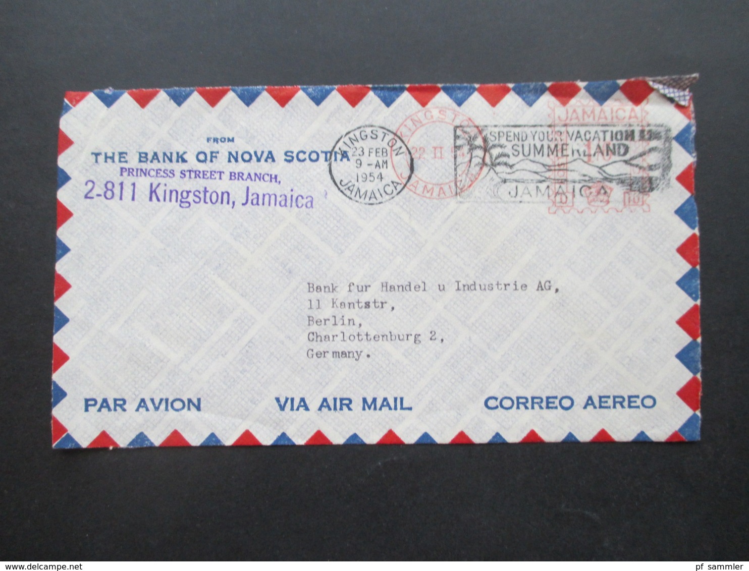 GB Kolonie Jamaica 1954 The Bank Of Nova Scotia / Princess Street Branch Kingston Freistempel Und Maschinenstempel Air M - Jamaica (...-1961)