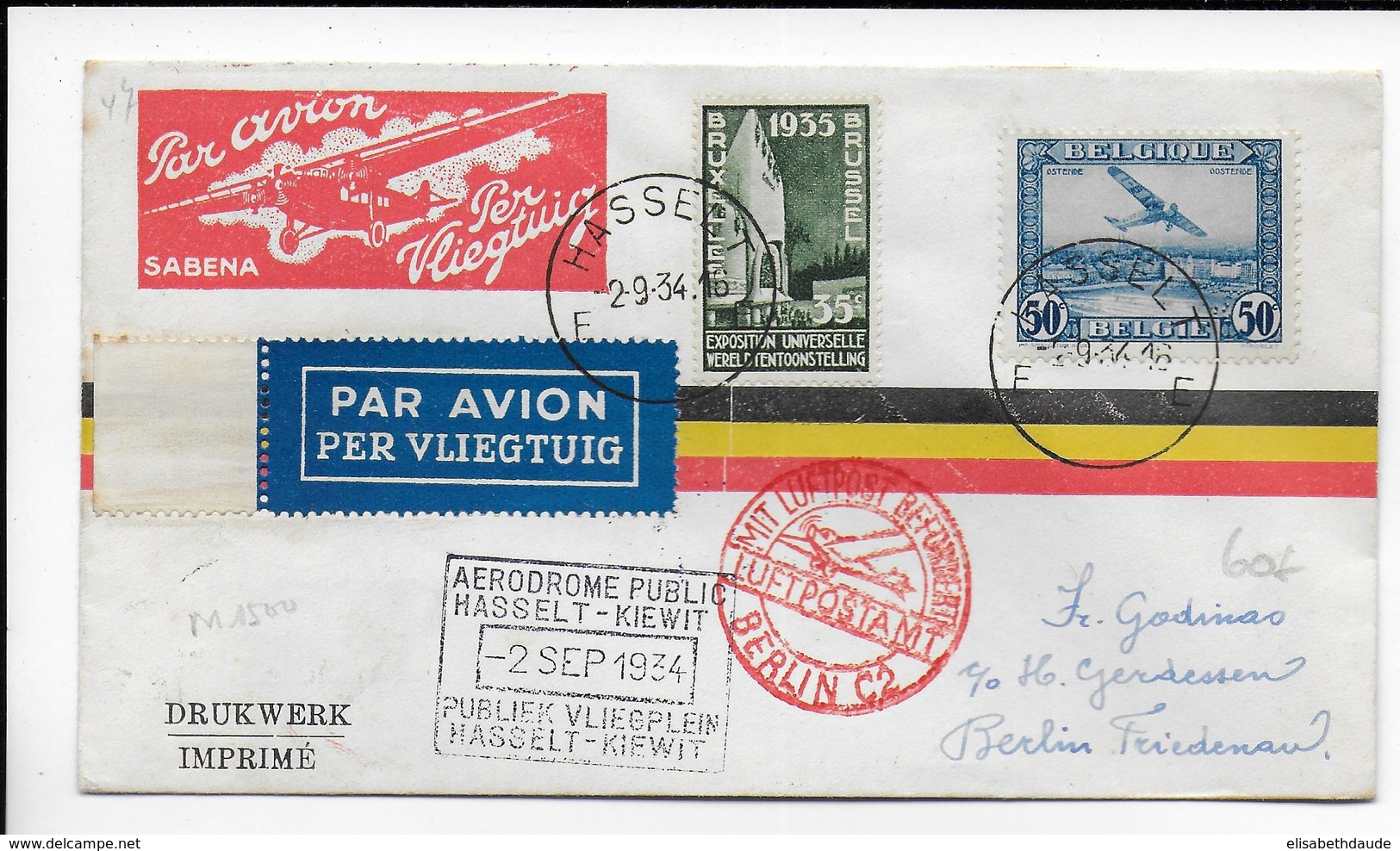 BELGIQUE - 1934 - ENVELOPPE Par POSTE AERIENNE SABENA De HASSELT => BERLIN FRIEDENAU - Briefe U. Dokumente